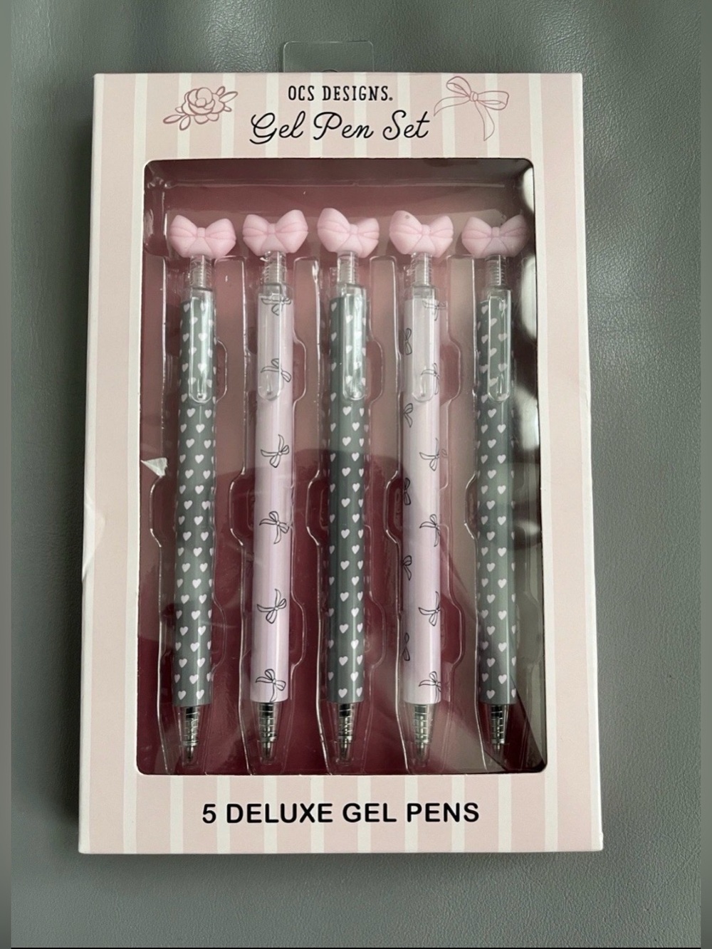 NEW OCS Designs Pink Bow 🎀 Pink & Gray Gel Pen Set - 5 Deluxe Pens